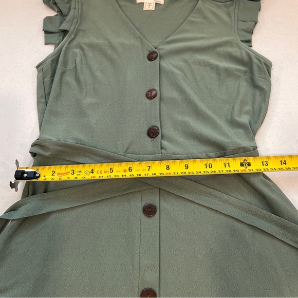 Monteau sage green ruffle cap sleeve midi dress small buttons tie waist small - Picture 5 of 8